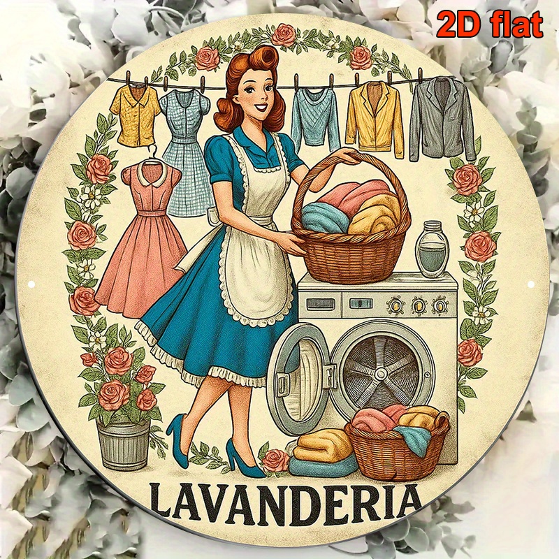 TEMU Decorazione da parete per lavanderia vintage, 1 pezzo, design piatto 2D �� Con un design ispessito in stile vintage con di lavandaia, lavatrice e