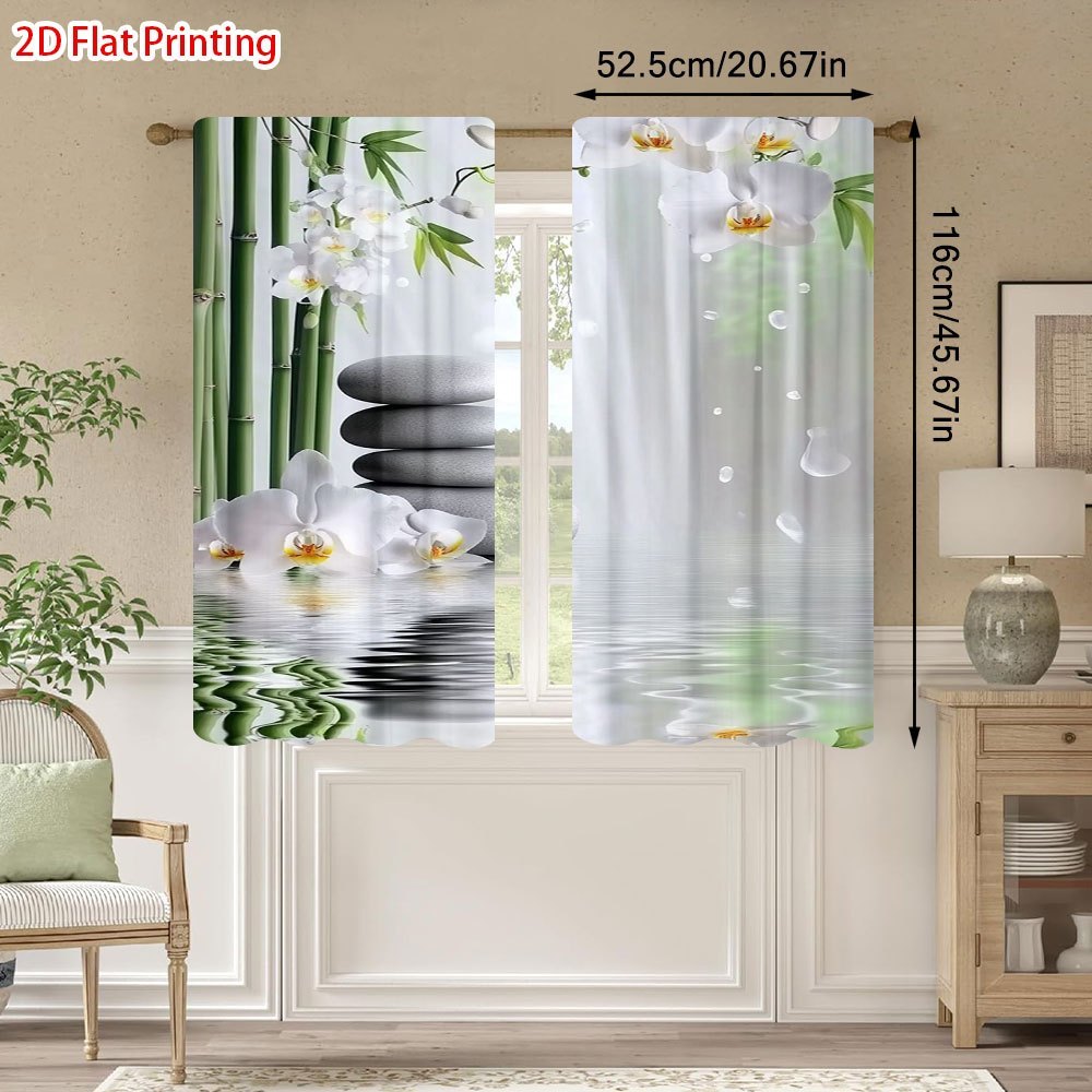 TEMU 2d Flat - 2d Flat - Set Of 2 Flat Printed Zen Spa Curtains With Rod - Perfect For Decorating Rooms, Ideal For Cafes, Bathrooms, And Art Deco