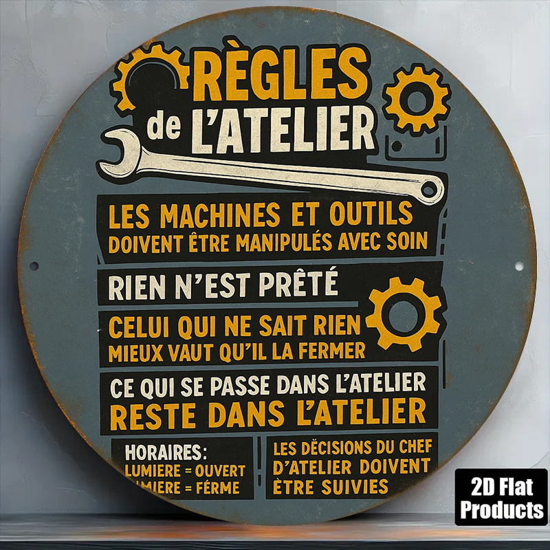 TEMU Panneau rond plat 2D en aluminium en français | Plaque de règles d'atelier vintage, parfait pour les ateliers, , réparations, d'outils, bars à