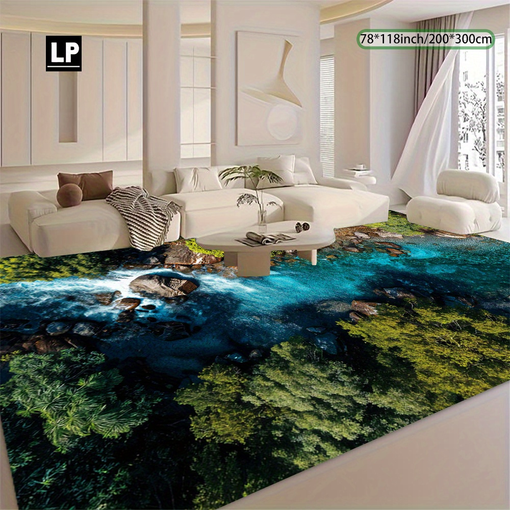 TEMU Luxury Large - Turquoise Blue Green River Stone & Forest Pattern Plush, Soft Thick Pile (850g/mÂ²) Non-slip Backing, Machine Washable For Living