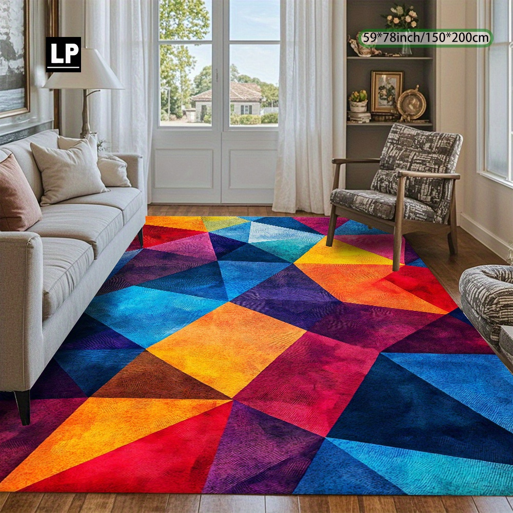 TEMU 850g/ã¡ Velvet, Abstract Art Multicolor Geometric Pattern With Machine Washable Non-slip Backing, Lightweight Durable Soft Comfortable For Livin