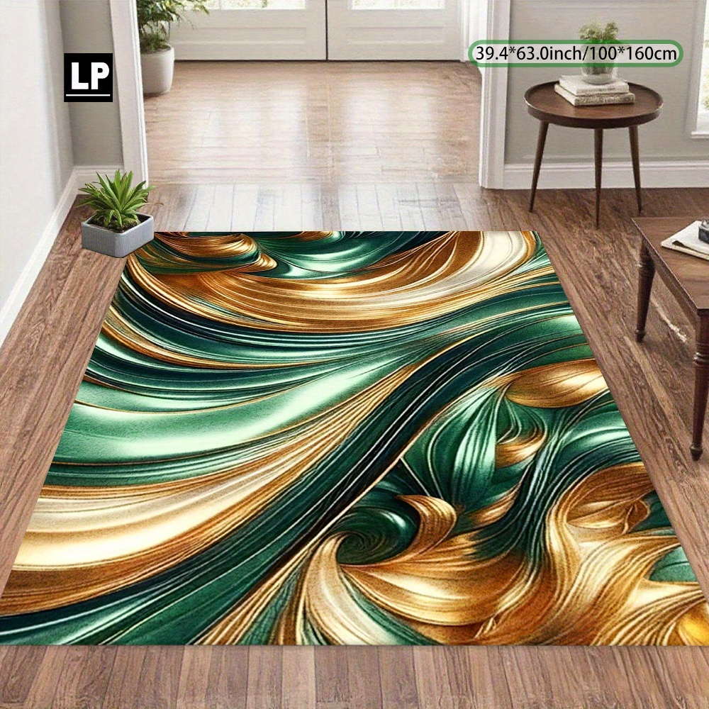 TEMU 850g/ã¡ Velvet, Abstract With Golden And Patterns, Machine Washable Non-slip Backing, Lightweight Durable For Living