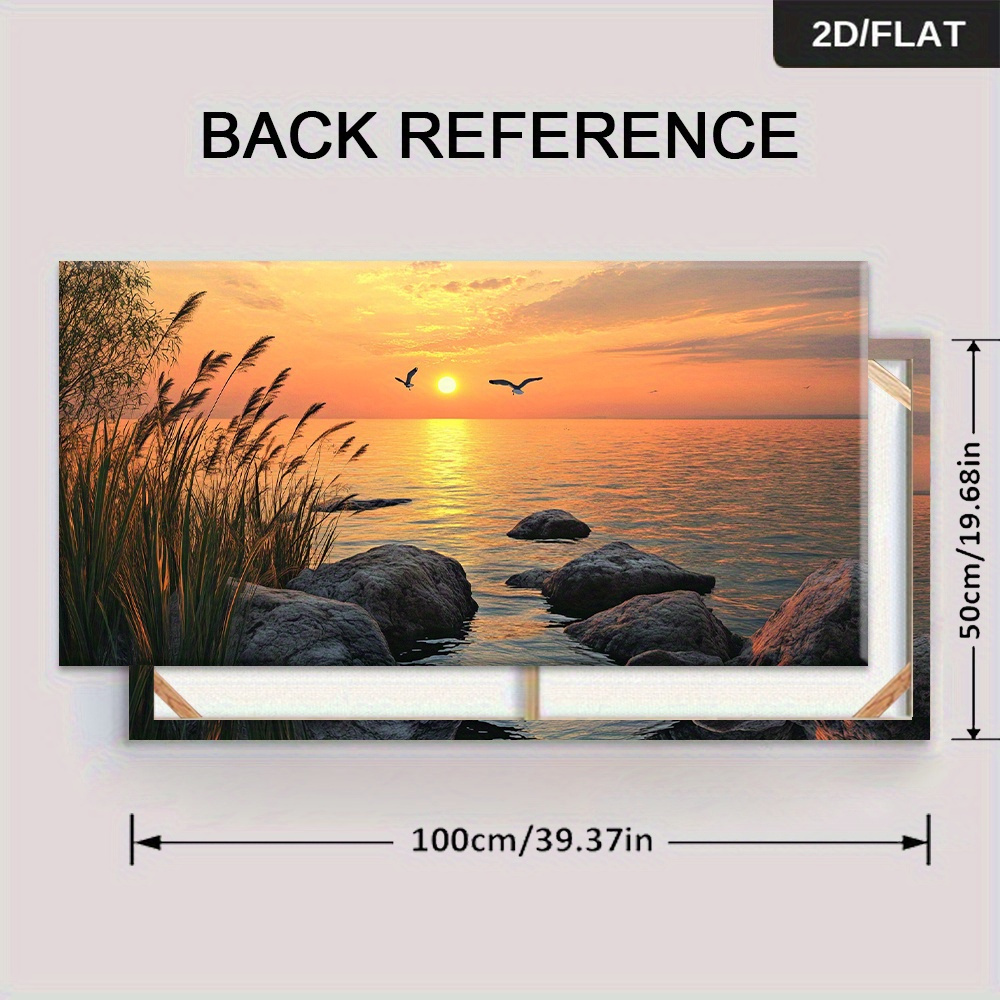 TEMU 2d Flat, 2d Flat, Framed Modern Abstract Canvas Painting Depicting A Seaside Sunset, Measuring 19.68 By 39.37 Inches Or 50 By 100 Centimeters,