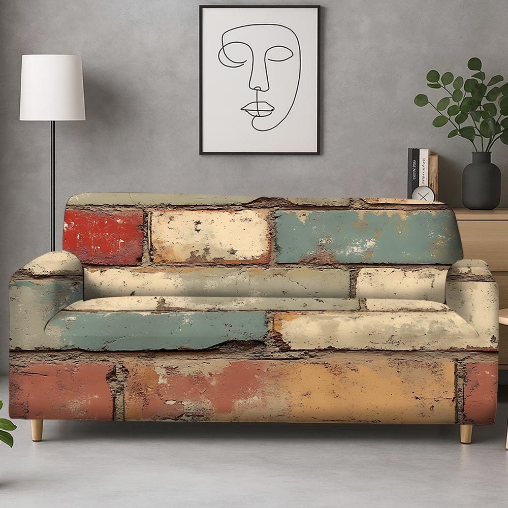 TEMU 1 Pcs Multicolored Brick Pattern Sofa Cover Multicolored Fully Enclosed Elastic Sofa Covermachine Washable For Armchair To Sectional Sofasfor