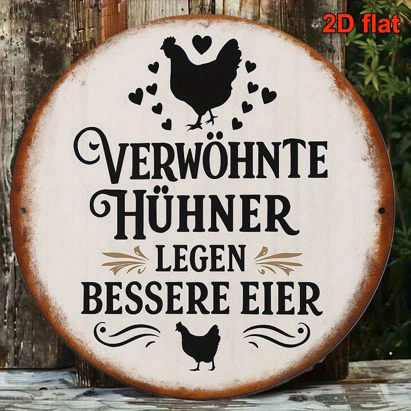 E-shop 2D-Flach, . Vintage französisches Hühnerhof-Bauernhaus-Schild – 8-Zoll runde Metallplakette mit deutschen & französischen Sprüchen, Hahn- &