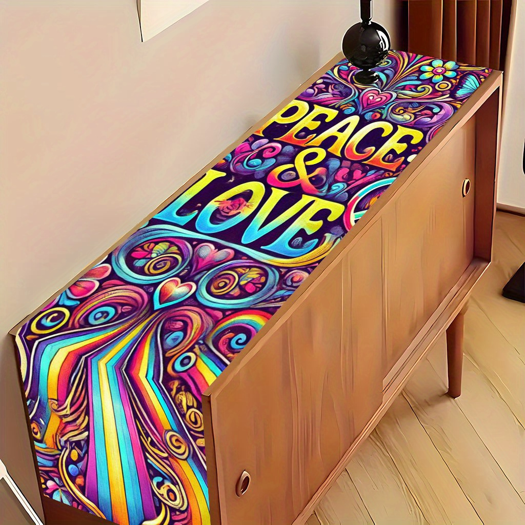 TEMU 1pc Of 2d Printed Fabric Featuring Themes Of Peace And Love, A Creatively Designed Romantic Table Flag, Available In Rectangular Shapes Of