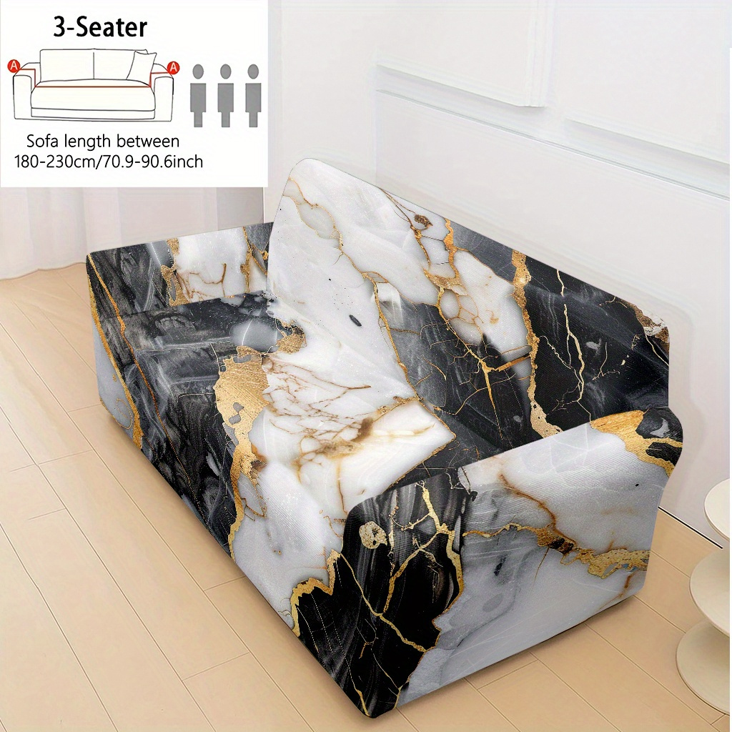 TEMU 1pc Black And Pattern With Golden Veins Print Stretch Sofa Slipcover For 1-4 Seater Couches, Machine Washable Furniture Protector, For Living