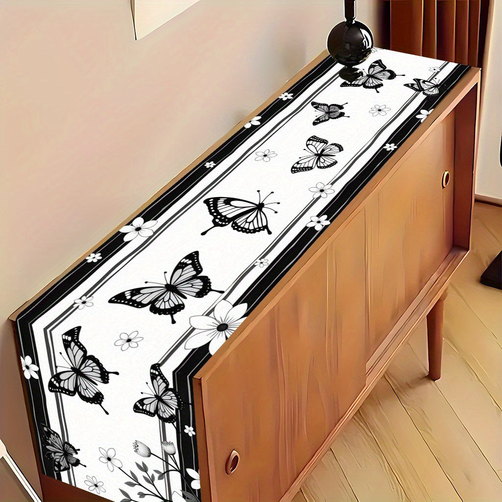 TEMU 2d Flat 1pc, A Black And White Striped Background With Butterflies And Flowers1, Romantic Table Runner, Rectangular Beautiful Table Decoration,