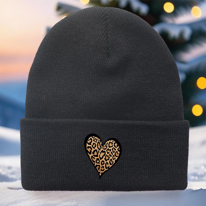 TEMU 1pc Leopard Print Beanie Hat - Cozy Fleece-lined Winter With Heart & Leopard Design, Lightweight For , Casual Holiday Gift, Everyday Streetwear