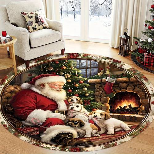1pc circular christmas rug with designs of santa claus and a puppy washable suitable for entry mats living rooms coffee tables bedrooms outdoor patios gardens and courtyards
