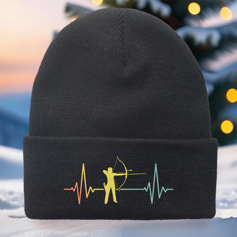TEMU 1pc Archery-themed Beanie Hat With Heartbeat - Lightweight Warm Winter Suitable For , Archery Gift, Christmas Accessory, Hand Washable Print