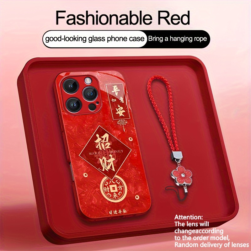 TEMU Phone Case - New Year Fortune Red, Green, Purple, Pink, Blue, Glass Phone Case Is Suitable For Iphone 11/12/13/14/15/16 Series Special Glass