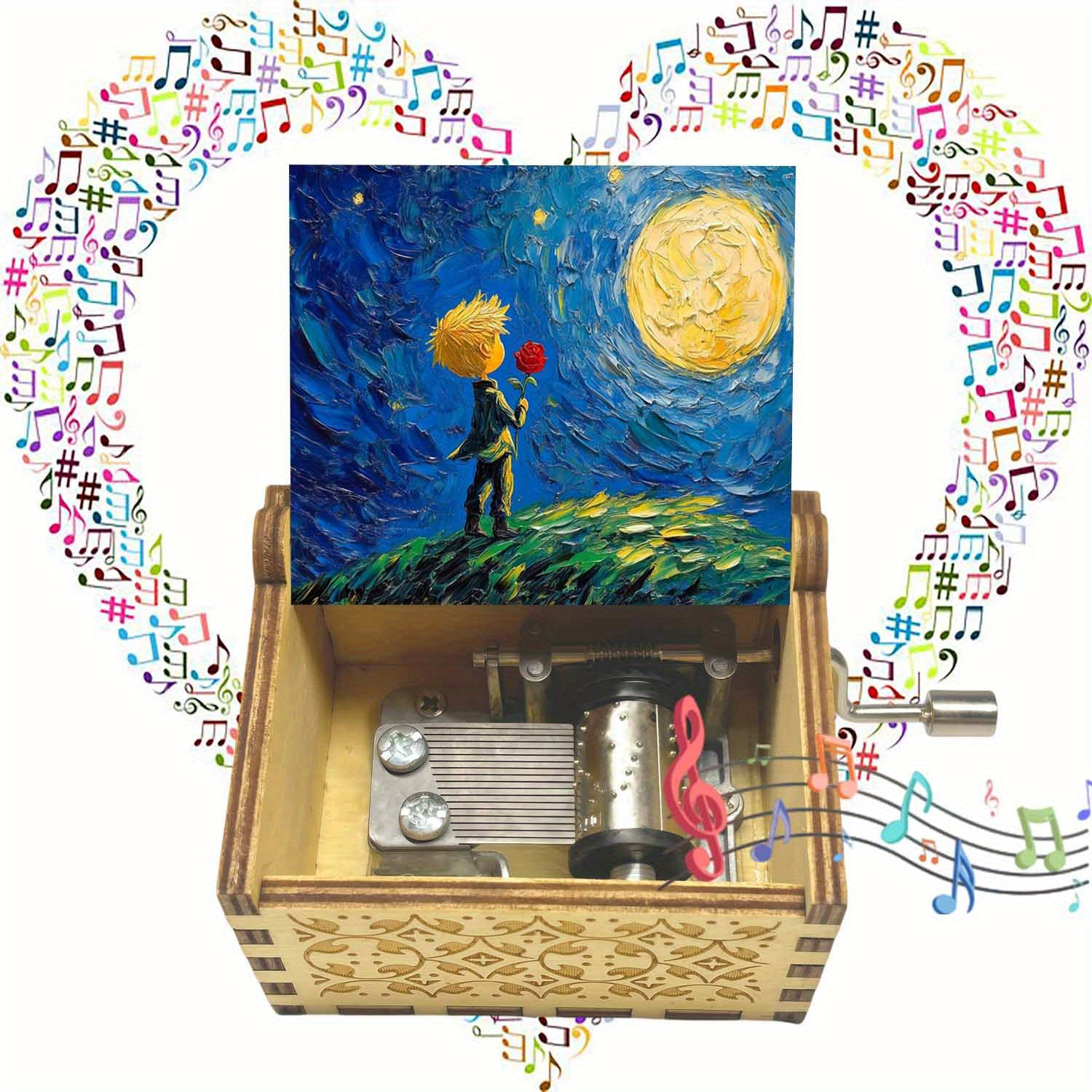 E-shop Vintage Holz Musikbox mit Handkurbel, Verzauberter Rosen-Nachttraum-Muster, Spielt "Du bist mein Sonnenschein", Musikbox Geschenk für Familie