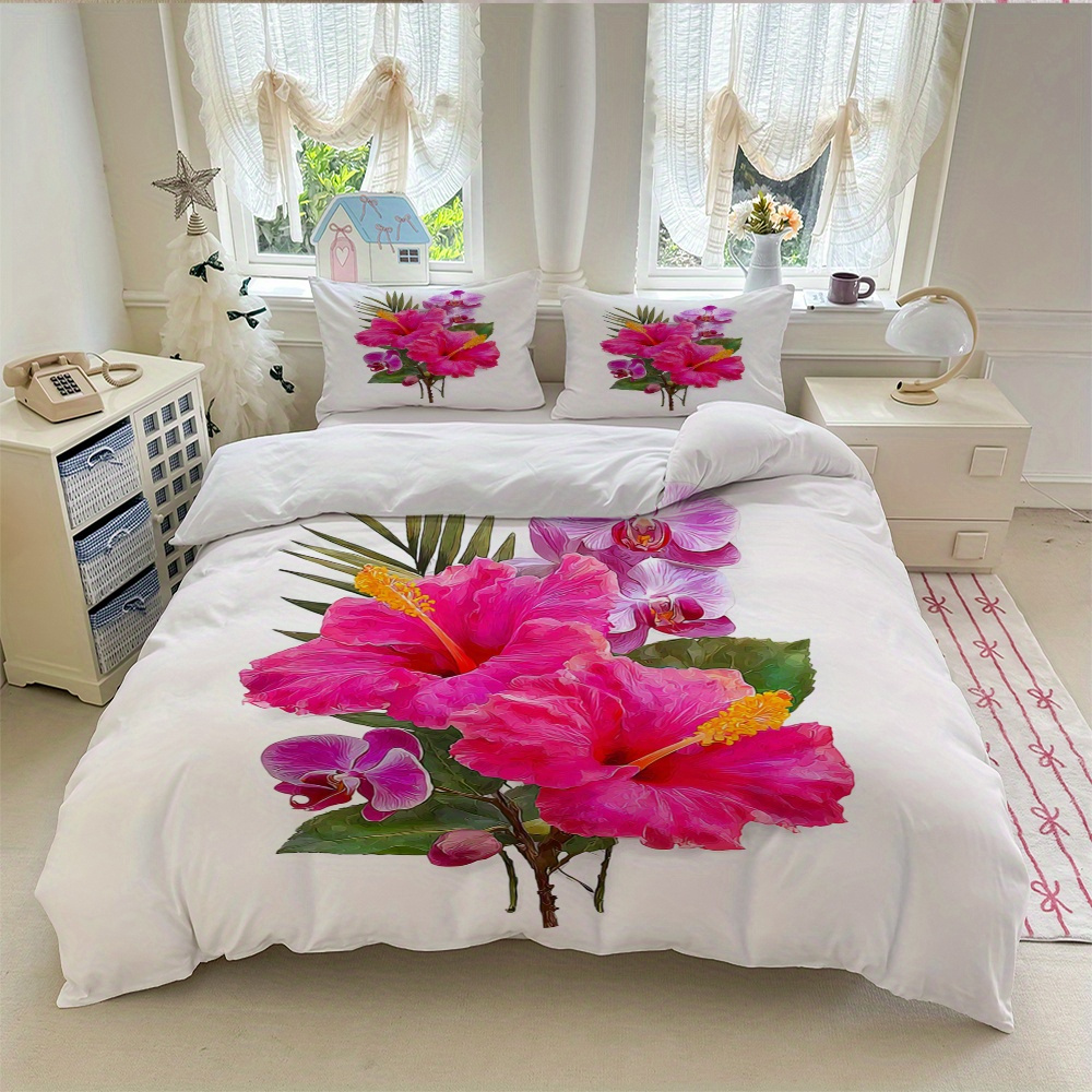 TEMU 3pcs Pink Hibiscus Purple Leaf Yellow White Background Bedding Set (1*duvet Cover + 2*pillowcase Without Core)+soft Comfortable And Breathable