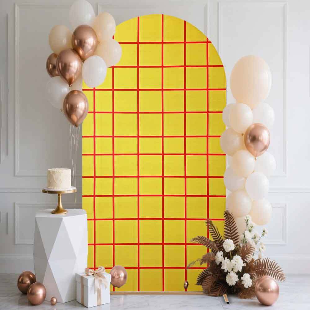 TEMU Bannière 2D Plate, 2D Plate - 1pc, - un fond d' en polyester, avec un fond jaune et un motif de grille rouge, idéal pour les célébrations de
