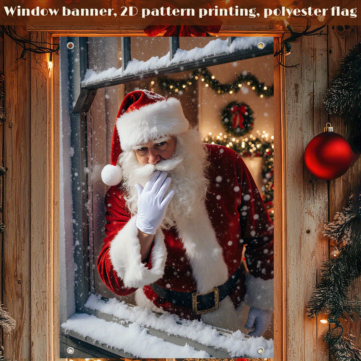 2D Plat, Groot 120x80cm Vintage Kerstman Raambanner - Zelfklevende Herbruikbare Kerstdecoratie met Sneeuwscène, Duurzaam Mat