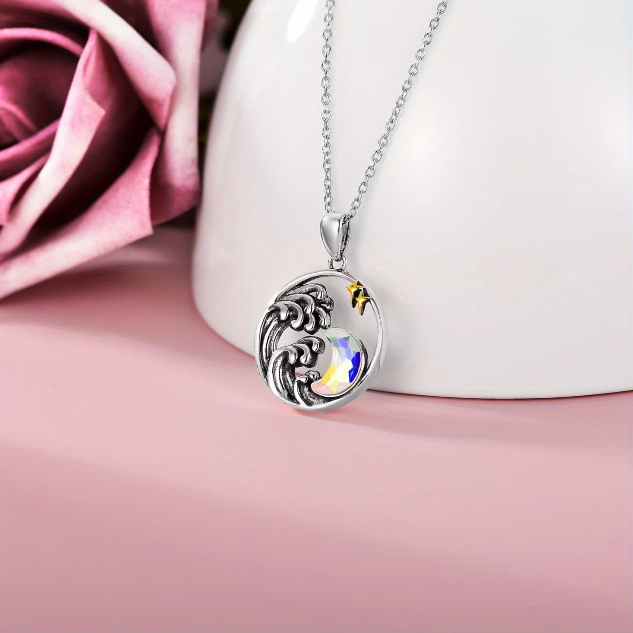 Crystal Moon Star Necklace with Aurora Borealis Pendant