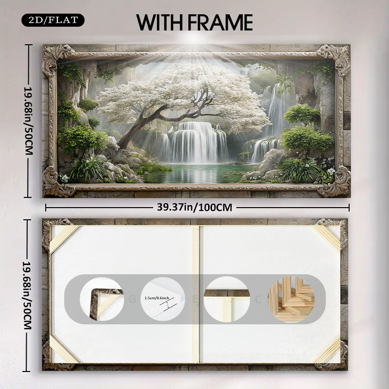 TEMU 2d Flat, 2d Flat, Framed Large Canvas Measuring 19.68 By 39.37 Inches Or 50 By 100 Cm, Featuring A Waterfall Landscape For Year. This Modern Art