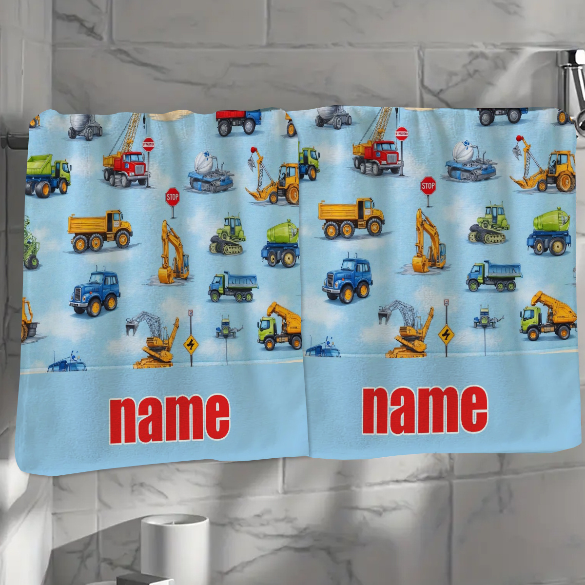 TEMU 1pc, Custom Name Towel, Cartoon Construction Vehicle Pattern Cartoon Anime Hand Towel, Striped Design, Bathroom Towel, Quick-drying Absorbent