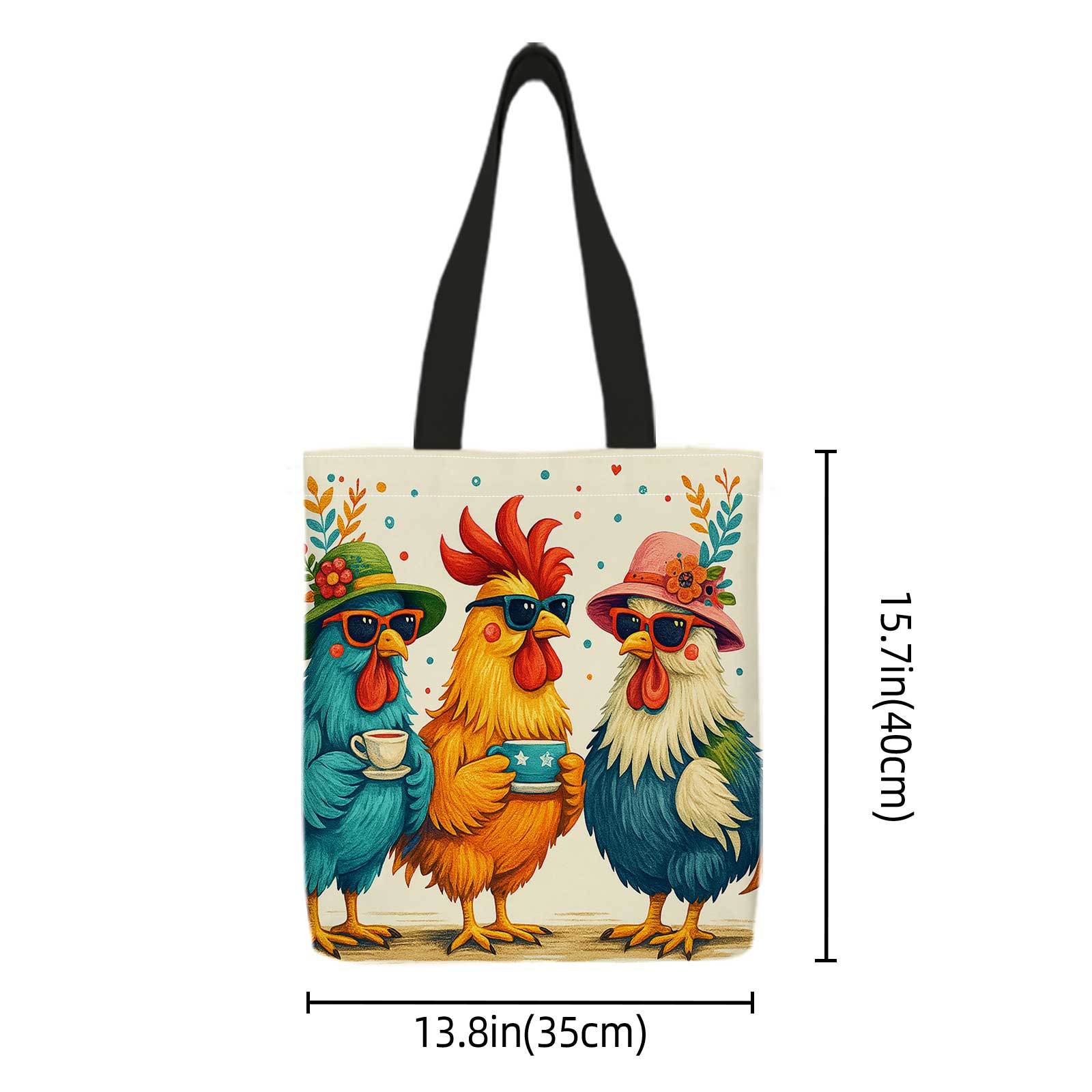 TEMU A Shopping Tote Bag With Prints On Sides Featuring Cartoon Chickens, Suns, Hats, And Coffee Mugs. It's Lightweight, Foldable, And Reusable,