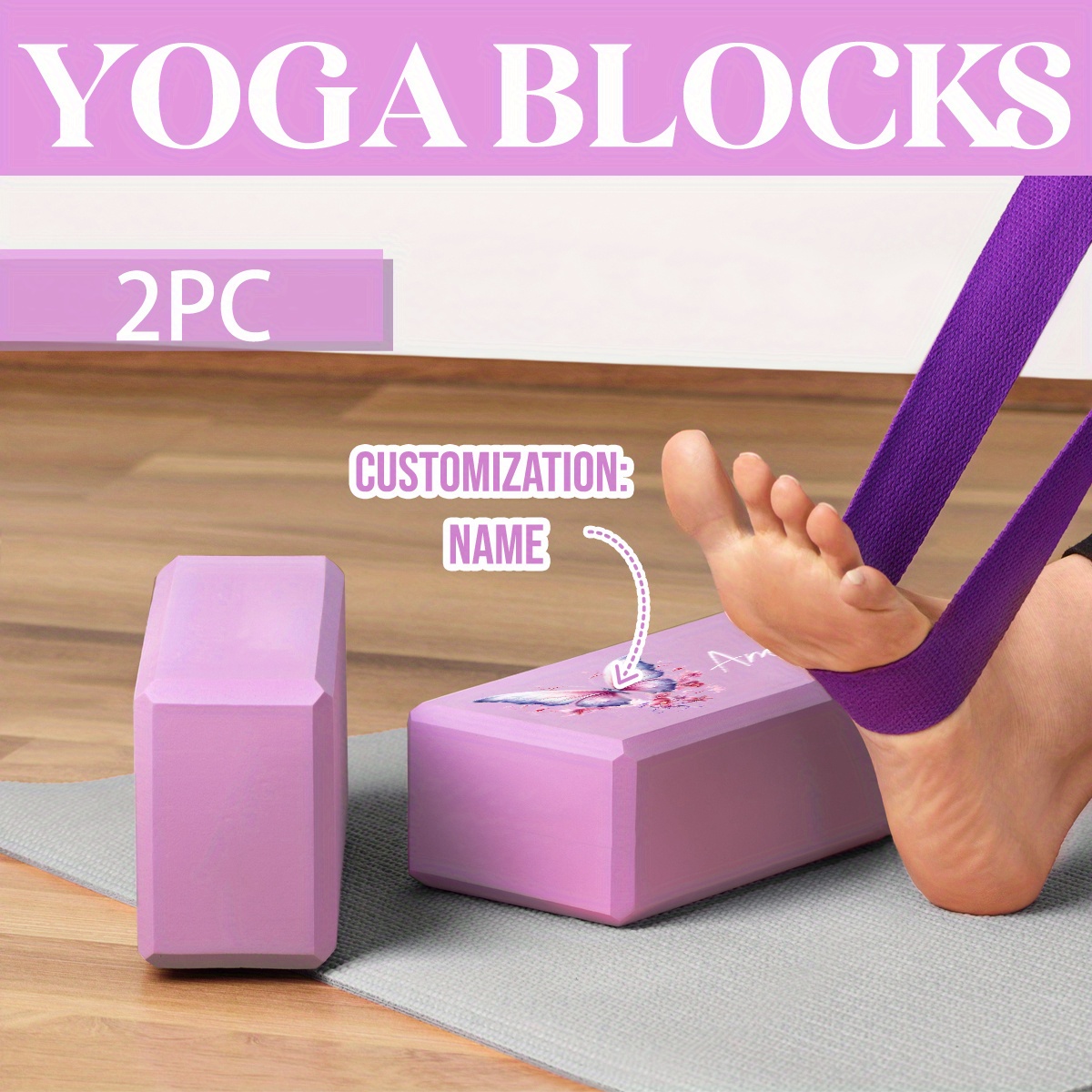 TEMU 2 piezas de bloques de yoga personalizados con estampados florales de mariposas, a adecuados para yoga, pilates, estiramiento y modelado,