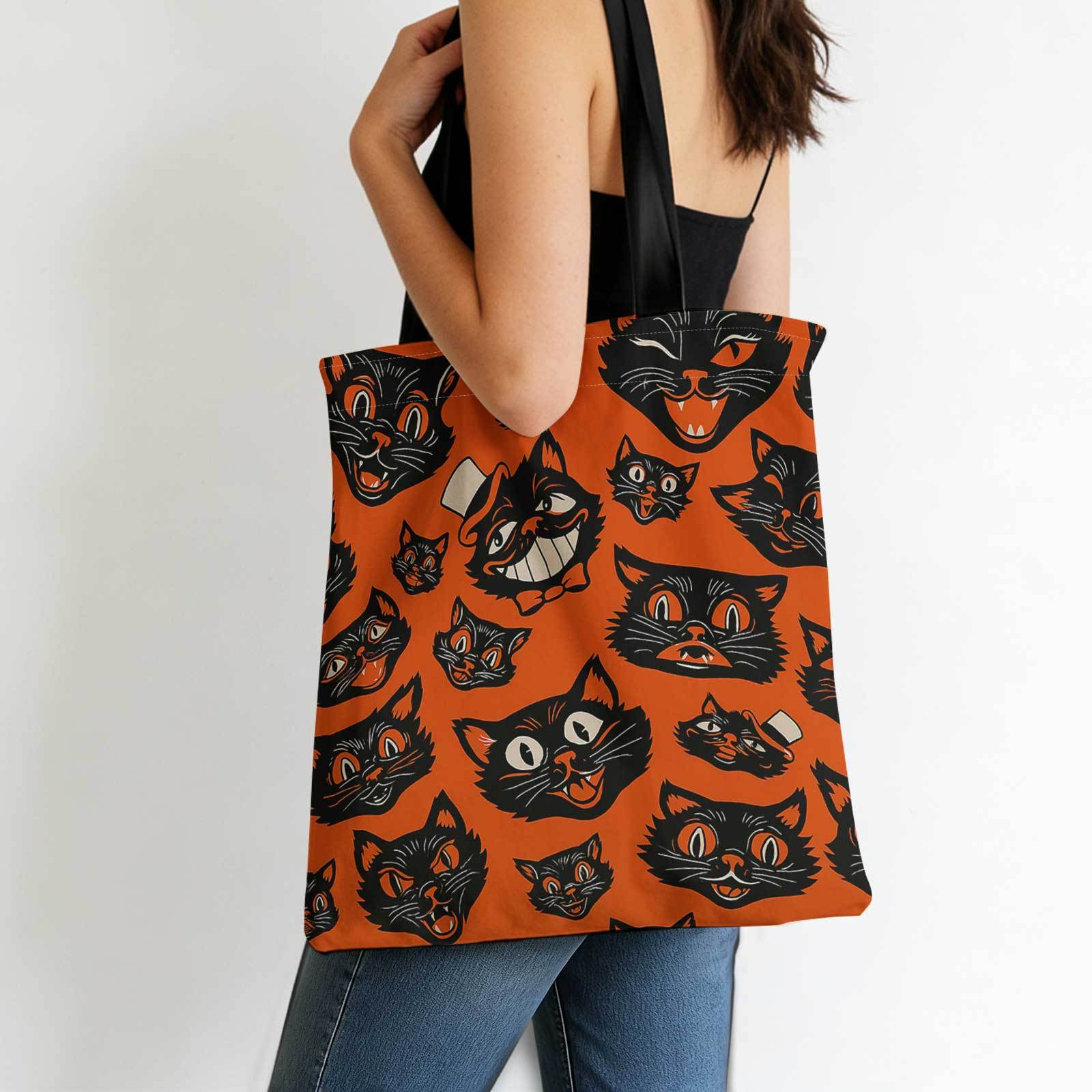 TEMU 1pc Double-sided Printing Black Cat Bag, Halloween, Orange Background. Suitable For Daily Commuting, Shopping, Use, Travel, And Leisure, Etc.,