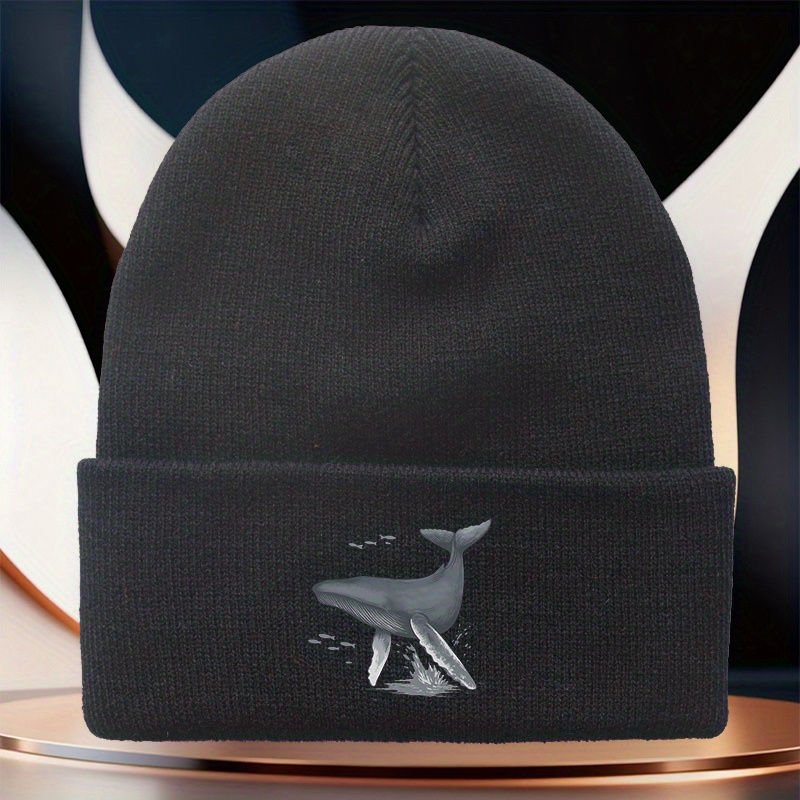 TEMU 1pc Whale-themed Knitted Beanie, Unisex Warm Hat, Outdoor Cold-weather Suitable For Skiing, Hiking, Camping, Beach, Fishing, And Mountaineering