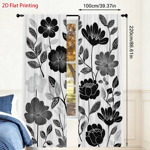 2d flat 2d flat 2d flat 2d flat set of floral black and white patterned semi blackout curtains with rod decorating rooms bathrooms living rooms cafes and offices home decor not multi layer curtains