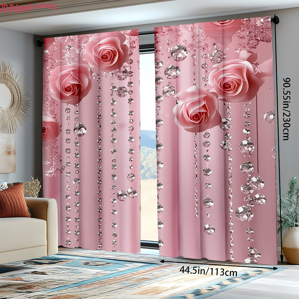 TEMU 2d Printed Curtains With 2pcs Of Pink Rose Crystal Decorative Patterns, Pocket Rod Window Treatments, Semi-transparent Suitable For Bedroom And