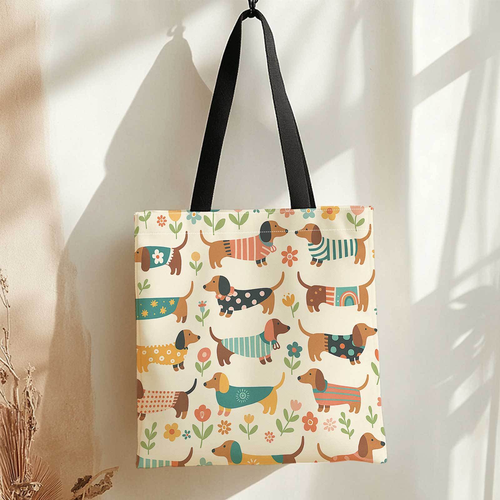Image of A Shopping Tote Bag With Prints On Sides Featuring Dachshunds, Vibrant Patterns, And A Floral Backdrop. This Lightweight, Foldable, And Reusable Shoulder Bag Is Perfect For Travel, Camping