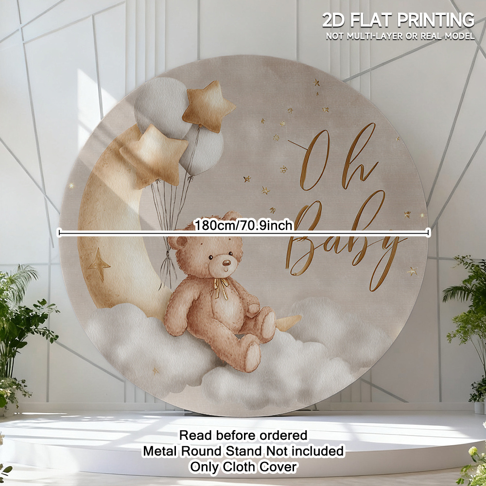 TEMU 2d Flat, 1pc Cute Teddy Bear Moon & Clouds Round Backdrop - Decor With Durable Fabric Suitable For Showers, Birthdays, Weddings, Room - Hang (no