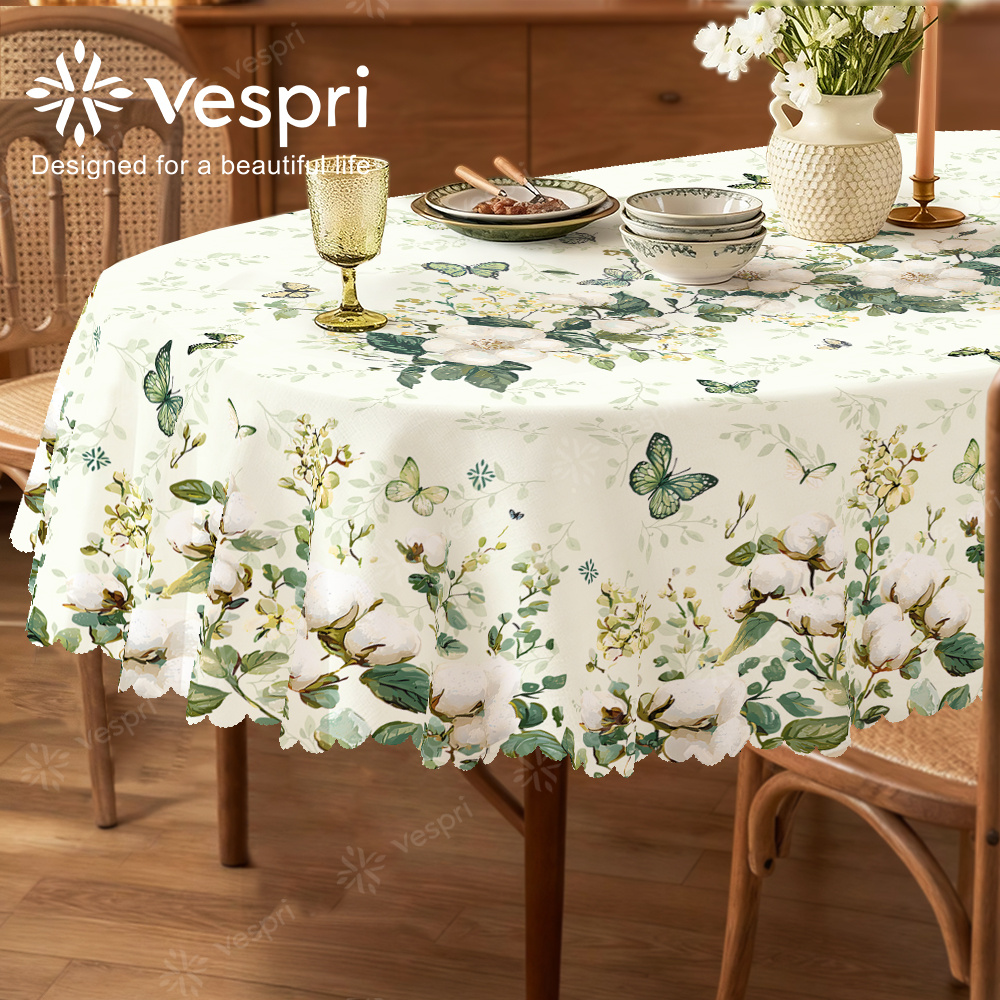 TEMU Spring Tablecloth, Decorated In White And Green, Featuring Green Leaves And Butterflies, In European Style, In Round, Rectangular, And Oval