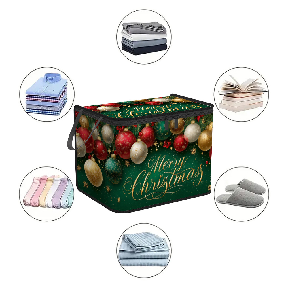 1pc extra large foldable zippered storage box with christmas ornament and text design lid storage container ideal for holiday supplies clothing pants and bedding storage moving solution under bed storage wardrobe organization reinforced