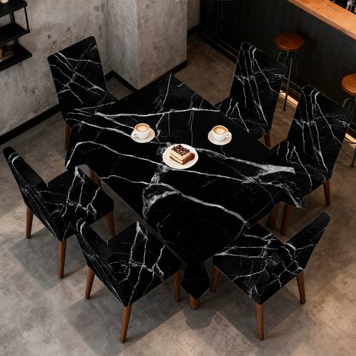 un juego de mesa y sillas minimalista con diseño de mármol, y negro, de limpiar y mantener, ideal para comidas , reuniones familiares, decoraciones festivas y uso todo el año, con fundas de silla extraíbles.