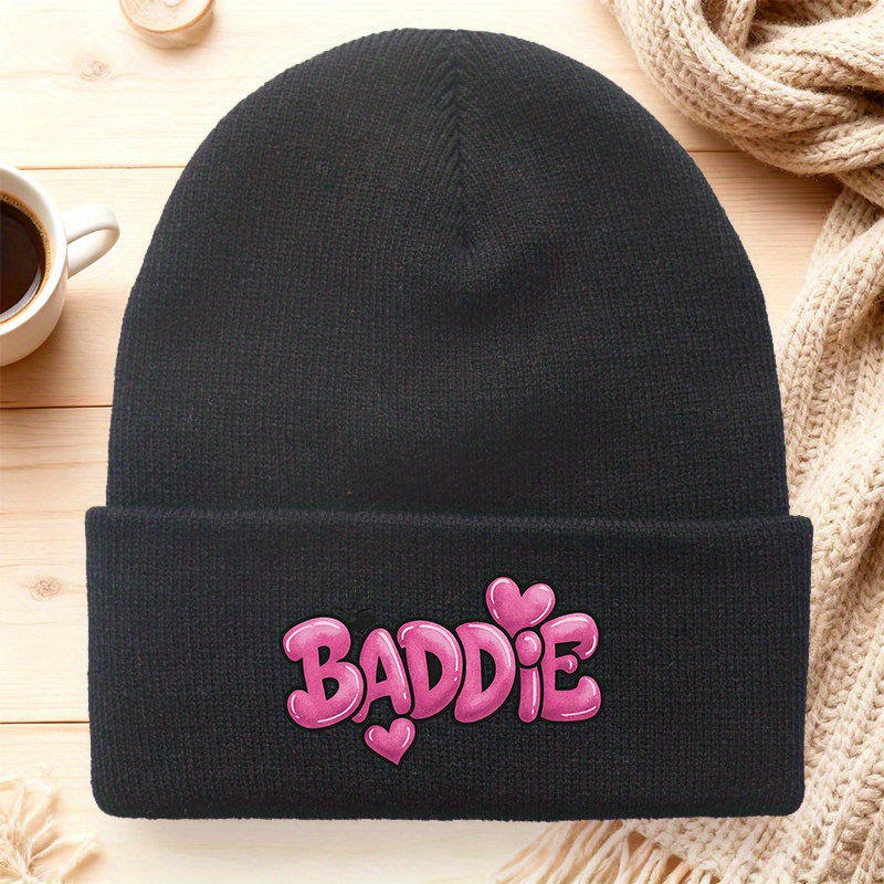 TEMU 1pc **e** Print Knitted Beanie Hat With Pink Heart & Couple Suitable For Men And Women, Warm Winter Hat For Christmas Gifts, Casual Outfits,