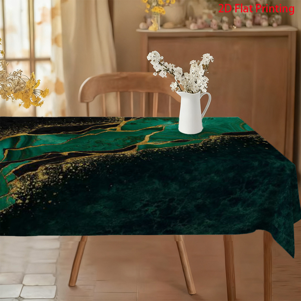 TEMU This Stylish And Attractive Tablecloth Of Soft, High-quality 2d Flat Material. It Features A Dark Green Marble Pattern With Golden Veins,