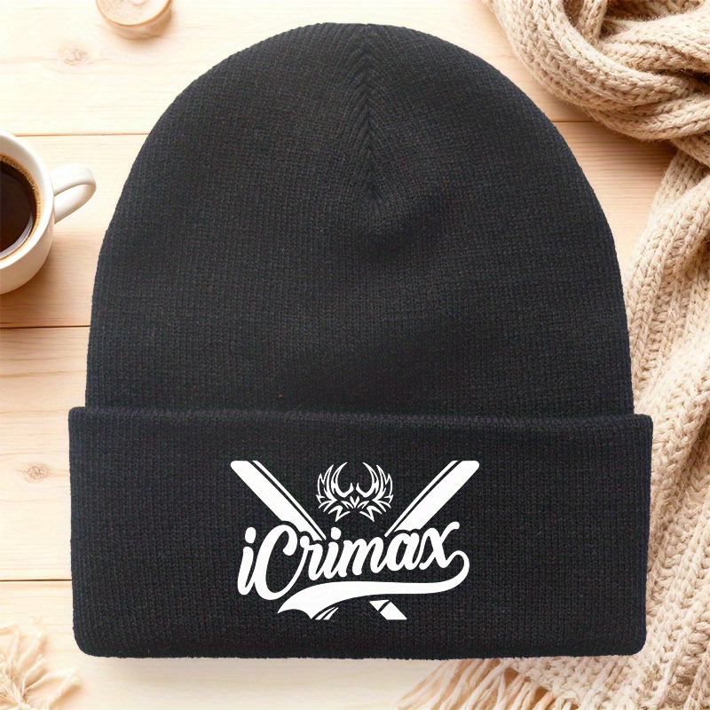 TEMU 1pc Icrimax Knitted Beanie Hat With Print - Winter Warm Thick Unisex Beanie Suitable For , Autumn/ Accessory, Christmas Gift, Hand Washable (no