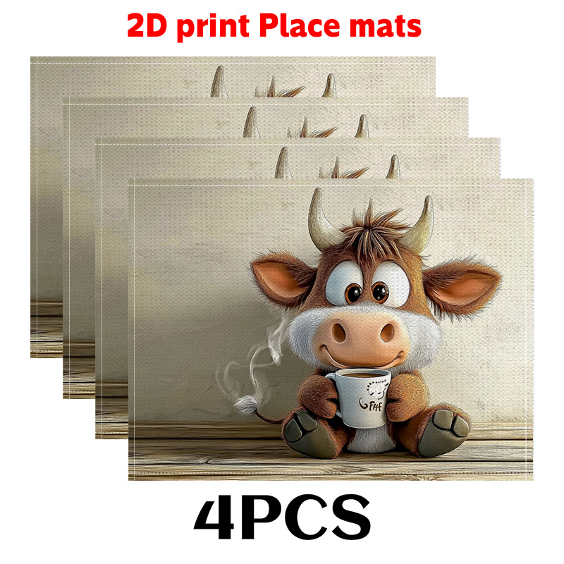 E-shop 2er/4er/6er Set Neujahrs-Tischsets (2D-Druck) Die niedliche Kuh hält die Tasse lächelt. 11.8x17.7 Zoll – Hübscher Tischakzent für moderne