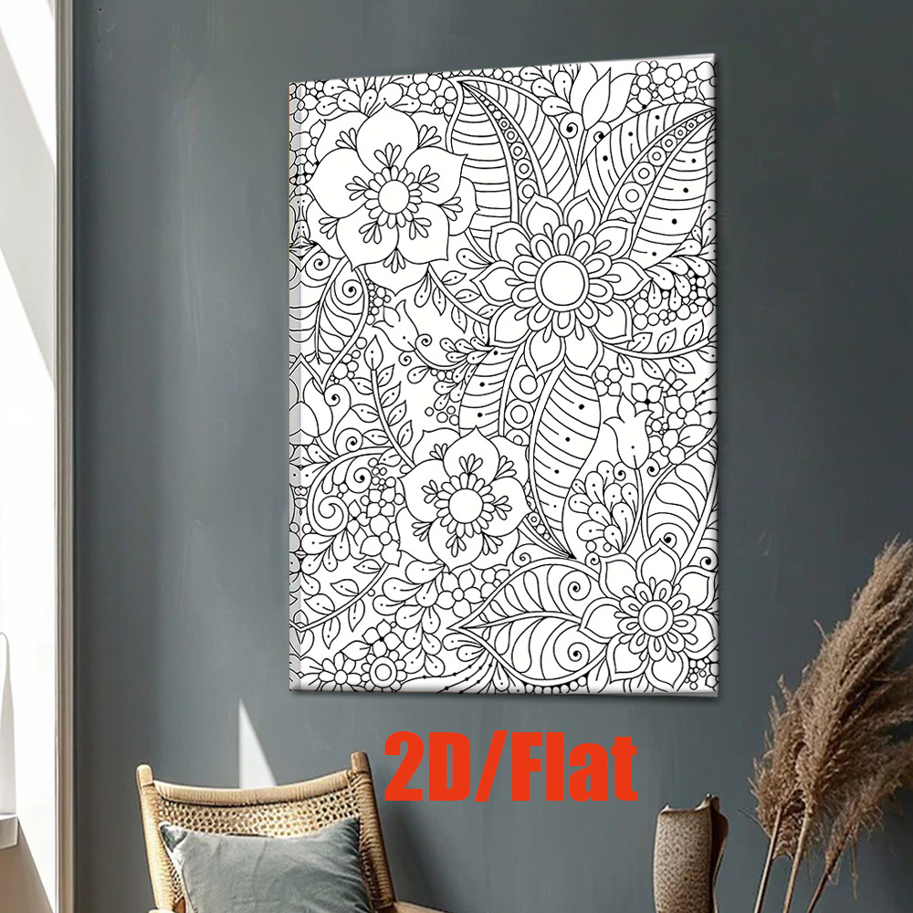 TEMU 2d Flat, 2d Flat 1pc, Frameless Canvas Painting, An Adult Coloring Book With Flowers And Birds , Mixed Painting, Living Room, Office Decor, Wall