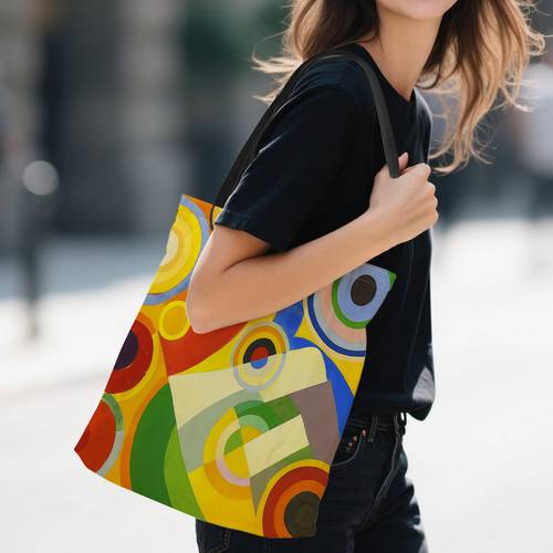 a trendy accessory featuring vibrant circles geometric designs and abstract artwork shopping beach and picnics a foldable canvas tote for teenager for teenager
