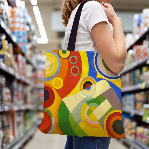 item picture a trendy accessory featuring vibrant circles geometric designs and abstract artwork shopping beach and picnics a foldable canvas tote for teenager for teenager