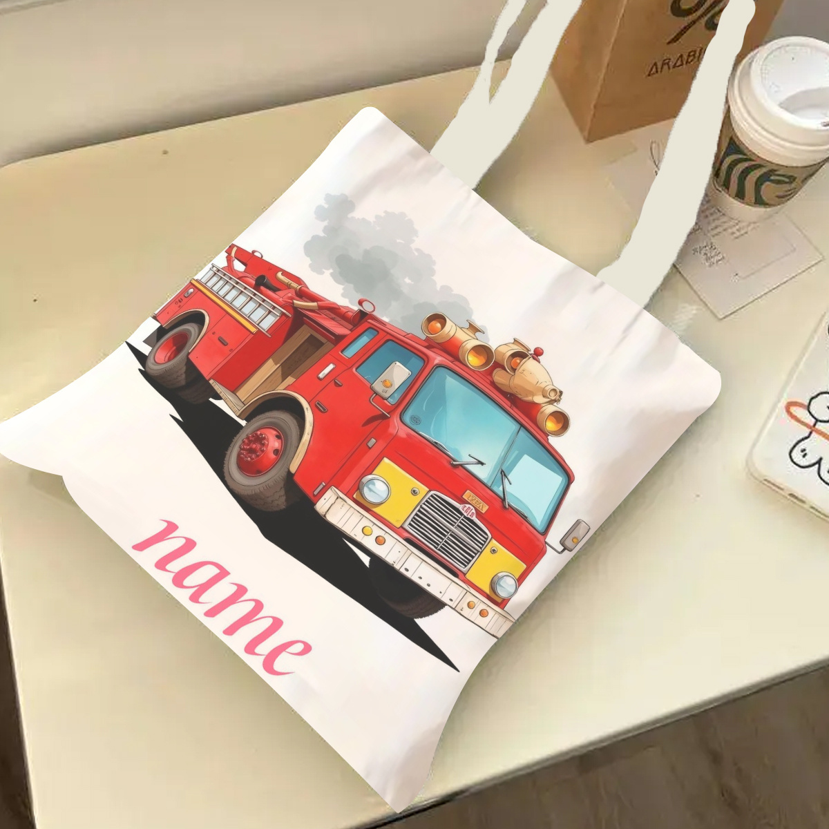 TEMU Sac fourre-tout personnalisé avec nom, 1 pièce, style dessin , camion de pompiers, avec , grande , lavable, pliable et léger. Idéal pour les