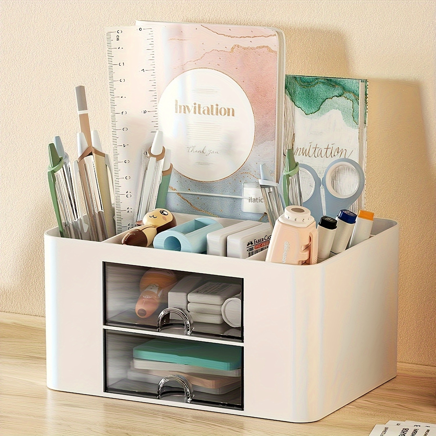 Retro-Bleistifthalter Mit Schublade – 2-stöckiger Schreibtisch-Organizer Aus MDF Für Stifte, Scheren & Lineale