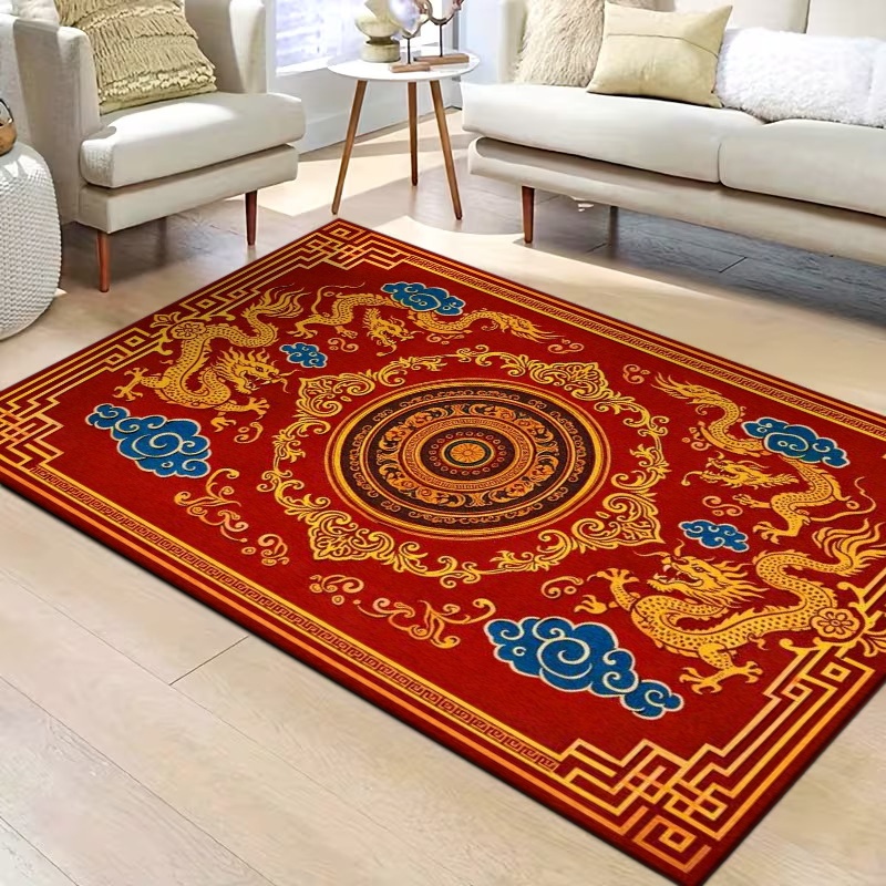 TEMU 1pc 2d Velvet Printed Polyester Rug, Multiple Sizes, Soft, Smooth, Wear-resistant, And Easy To . Chinese Dragon Pattern Rug In Red And Golden,