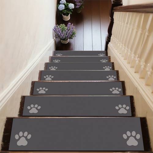 8x30 inch non slip stair tread carpet pads suitable for indoor outdoor use soft machine washable grey step mat with paw print design wood hard stairs staircase for home