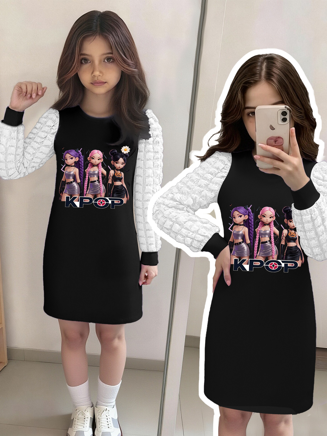 y2k cute bubble sleeve dress kpop style fashionable print - Temu Belgium