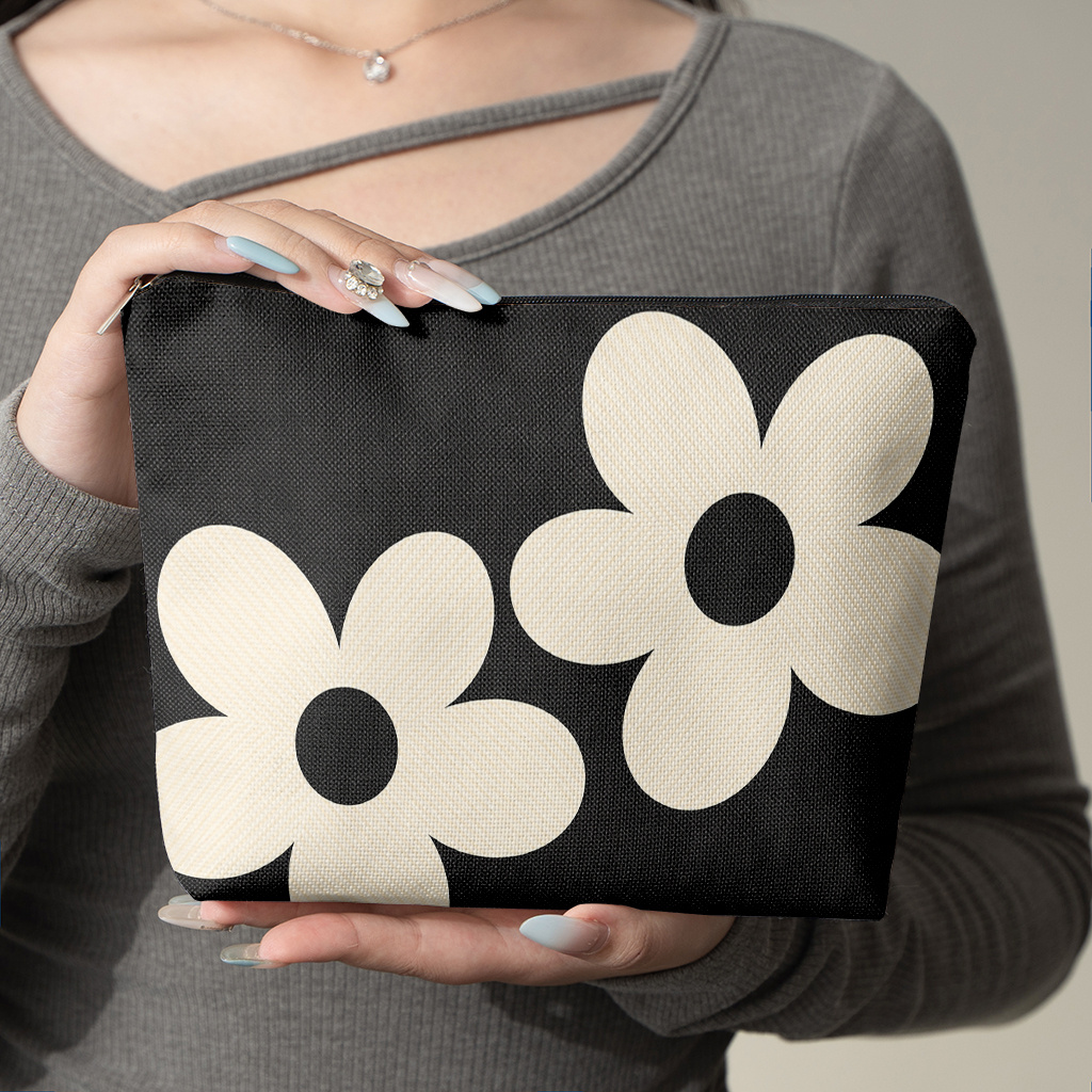 TEMU Trousse de maquillage 1 pièce, pochette à cosmétiques en lin à motif floral simple, portable et pliable avec fermeture à glissière, unisexe,