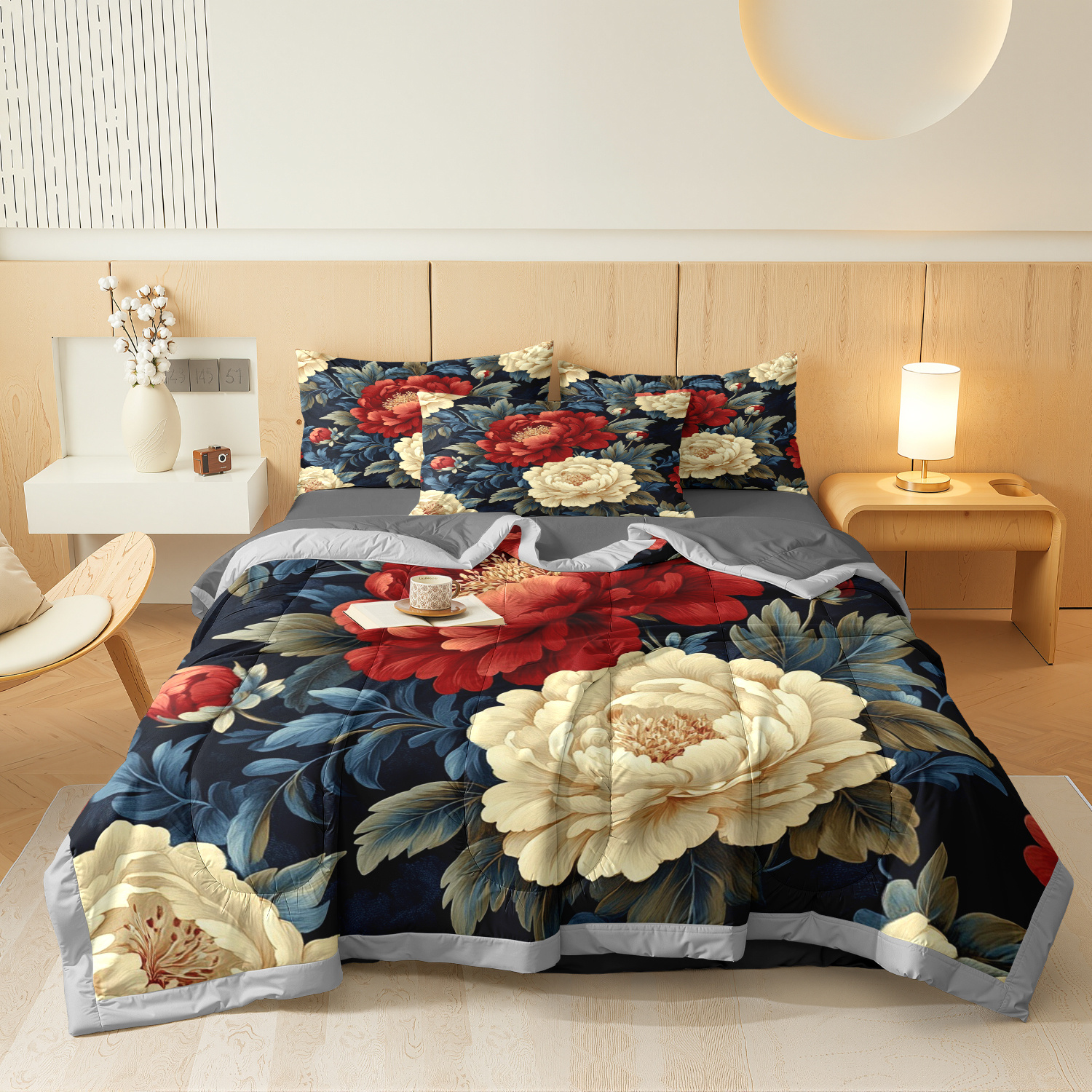 TEMU 3pcs (1 Comforter   2 Pillowcases) Exquisite Peony Pattern Thin Quilt Set, Stylish Bedding For Bedroom, Ideal Christmas Gift, Popular 3 - Piece