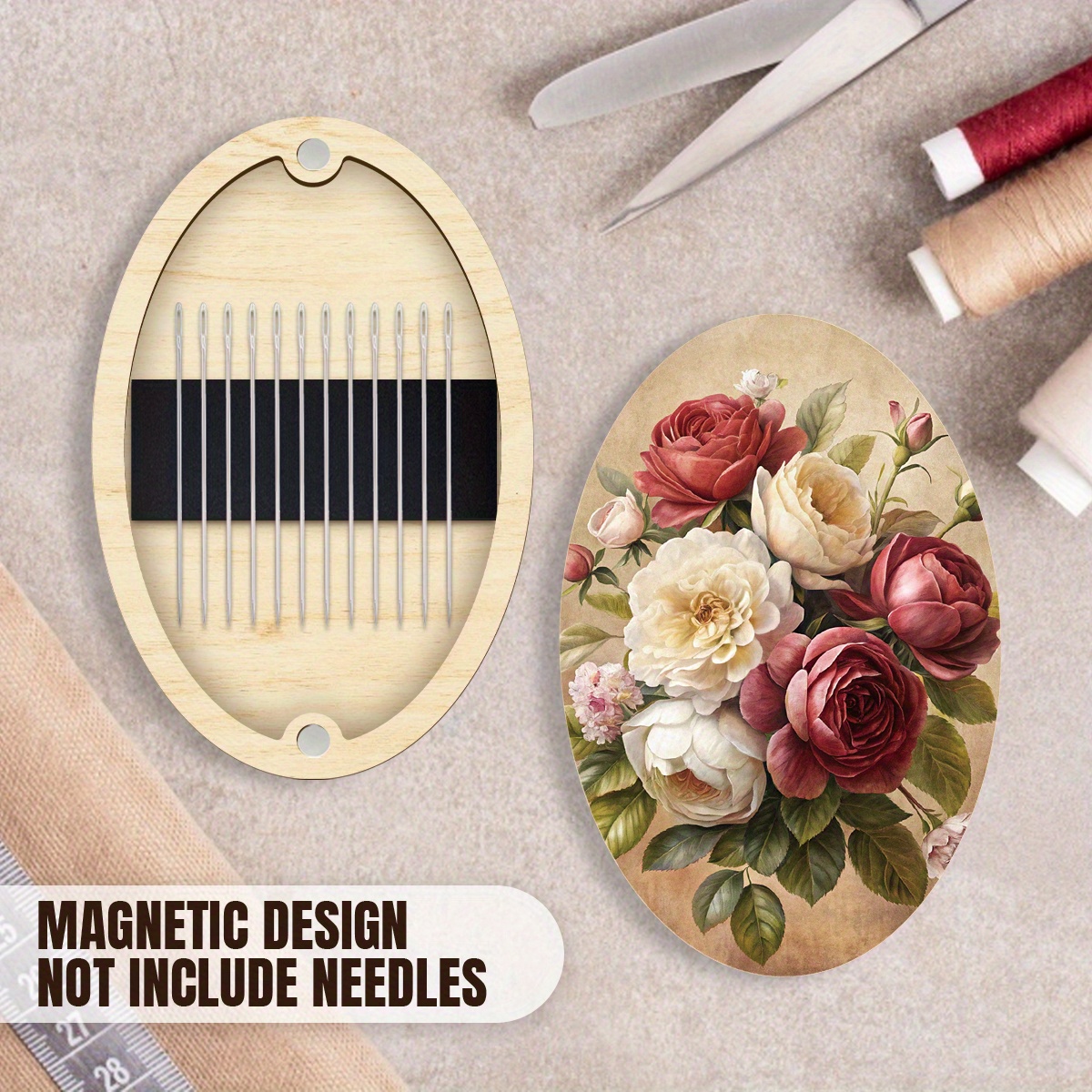 1 set wooden magnetic needle case floral print oval design exquisite flower illustrations ideal for embroidery thread and supplies storage mixed colors durable wooden construction sewing storage