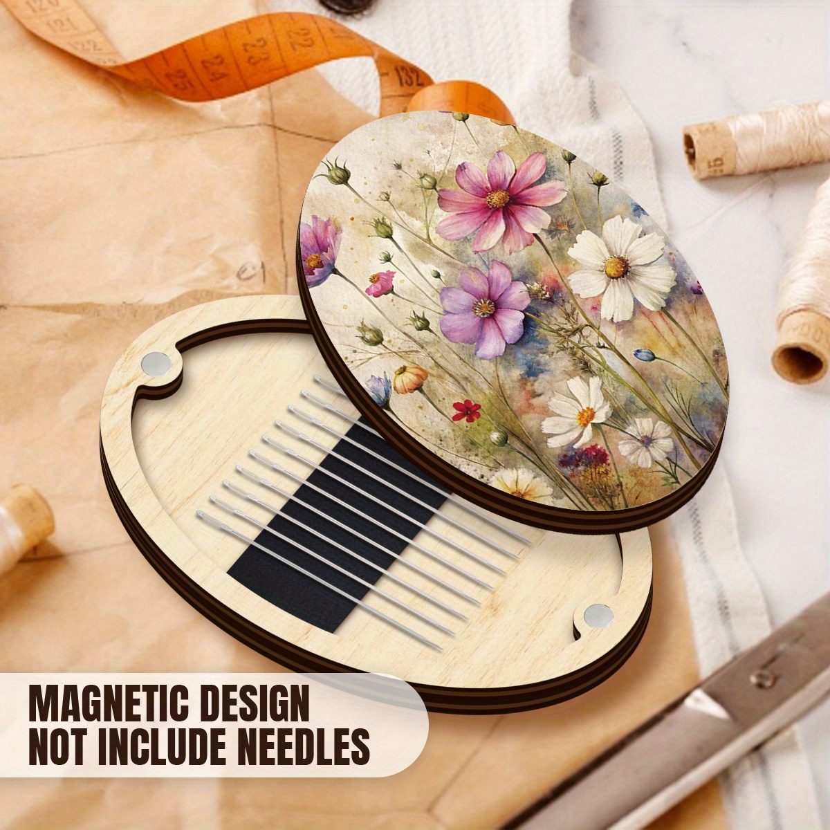 TEMU A Set Of Wooden Magnetic Needle Boxes| Floral Print Oval Design, Exquisite Floral Illustrations, Suitable For Storing Embroidery Thread And